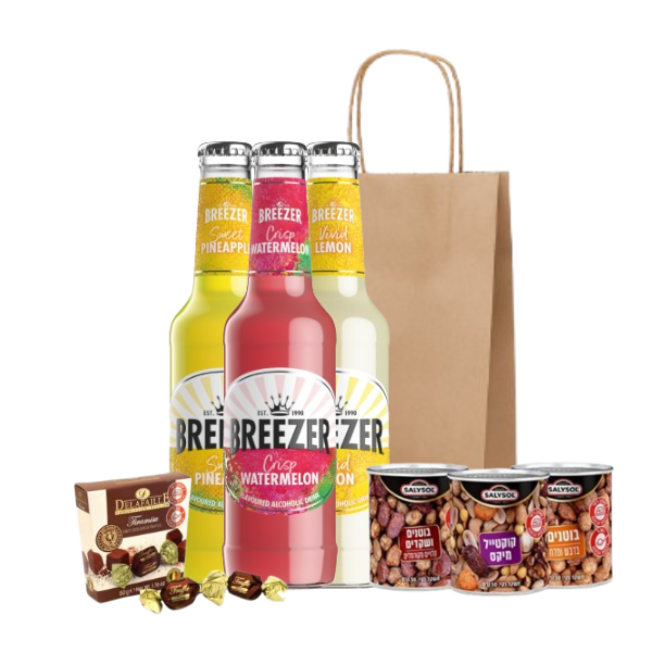 מארז מתנה הכולל שלושה בקבוקי בריזר בטעמים, פיצוחים ושוקולד בלגי בשקית קרטון.